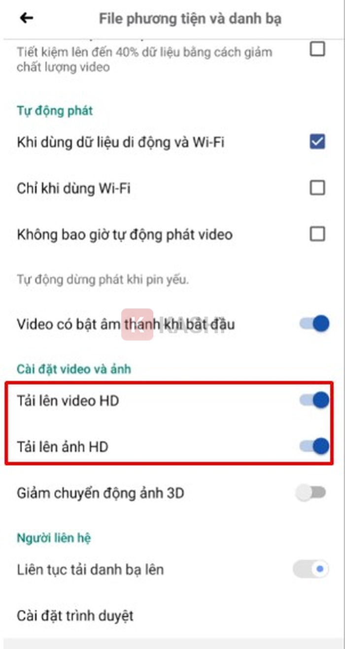 Tick ​​chọn 2 mục "Tải ảnh lên video HD và Tải video lên ảnh HD"