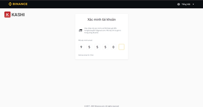 Hình 6: Nhập mã xác nhận từ Email Binance đã gửi