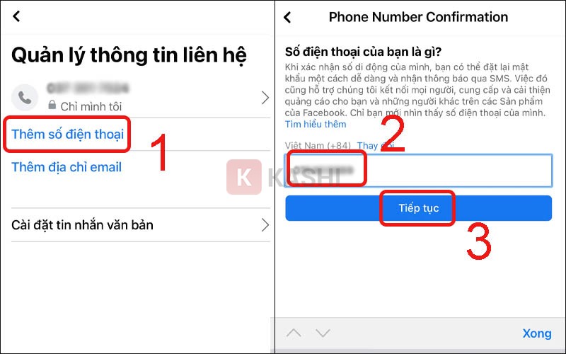 Nếu sđt không đúng, nhấn vào "Thêm số điện thoại"-> Nhập số điện thoại của bạn ->"Tiếp tục".