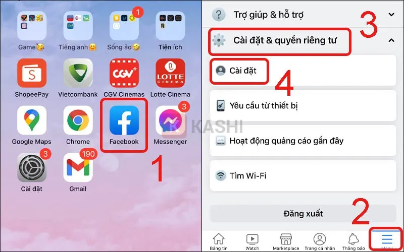 biểu tượng "3 gạch ngang" -> Chọn mục "Cài đặt & quyền riêng tư" -> Nhấn vào "Cài đặt".