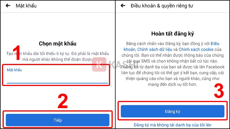 Tạo "Mật khẩu" cho tài khoản -> Chọn "Tiếp" và nhấn "Đăng ký".