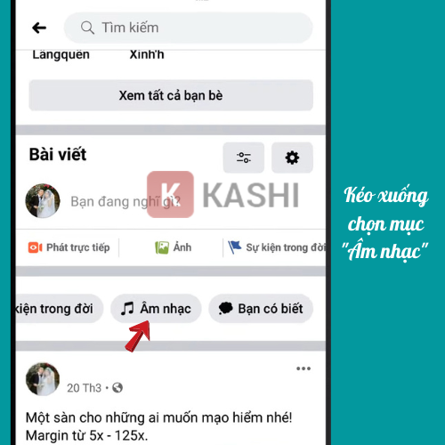 "Đăng nhập" tài khoản Facebook -> Chọn “trang cá nhân” của mình.’ class=”wp-image-16434 size-full” height=”500″ src=”https://kashi.com.vn/wp-content/uploads/2022/12/cach-tao-nhac-tren-facebook-02.png” width=”500″/></p>
<h4 class="ftwp-heading" id="ftoc-heading-10"><span id="Buoc_2-2"><strong>Bước 2: </strong></span></h4>
<p> Kéo xuống chọn mục <strong>“Âm nhạc”.</strong><br />
<img loading="lazy" alt=