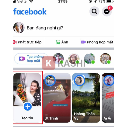 Đăng nhập tài khoản Facebook, Chọn biểu tượng dấu "+" trong phần "Tạo tin"