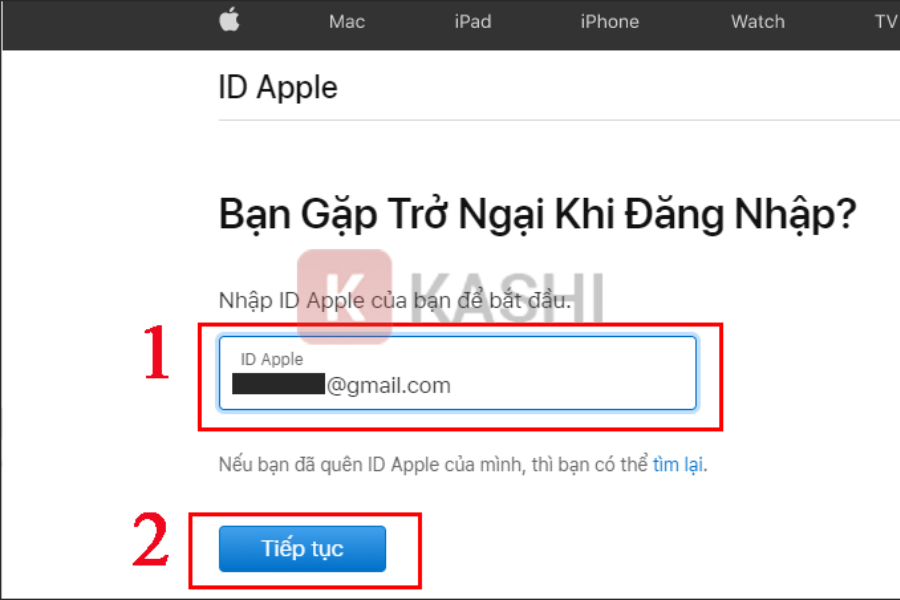 Truy cập trang web https://iforgot.apple.com -> Nhập "Email" mà bạn đã đăng ký ID Apple -> Nhấn "Tiếp tục"