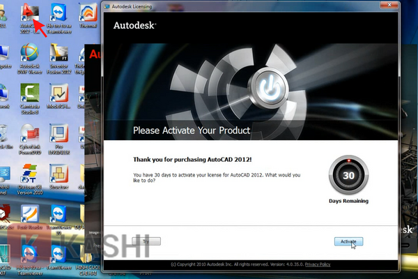 Nhấn chọn biểu tượng phần mềm Autocad 2012 trên màn hình máy tính -> Sau đó nhấn chọn "Activate"