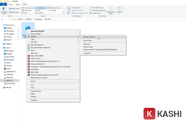 Nhấn chuột phải vào file -> Chọn "UltraISO" ->Tiếp tục chọn "Mount to drive G"