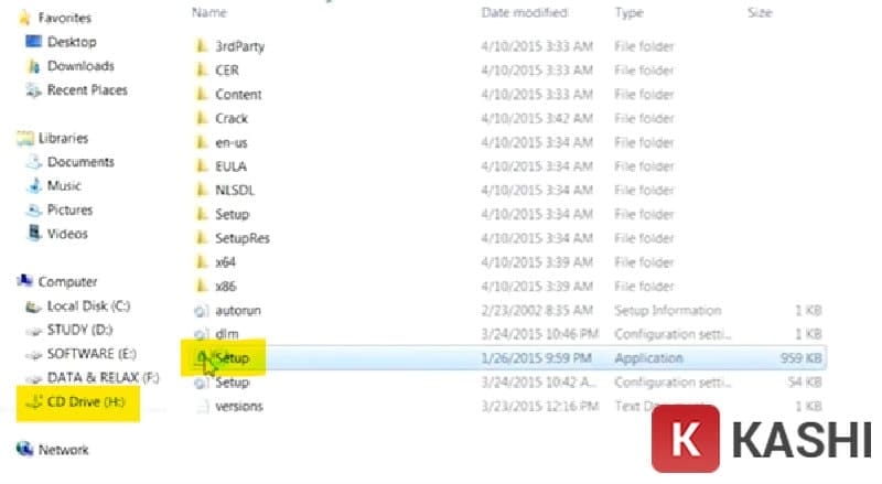 Trong mục CD Drive, ở ổ H, các bạn ấn chọn file “Setup”