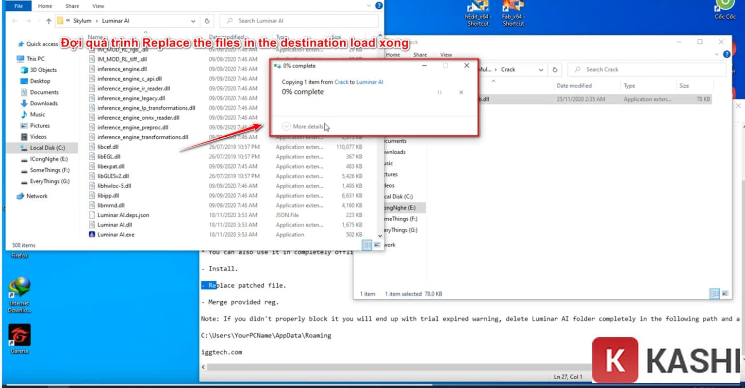 Đợi quá trình“Replace the files in the destination” hoàn thành