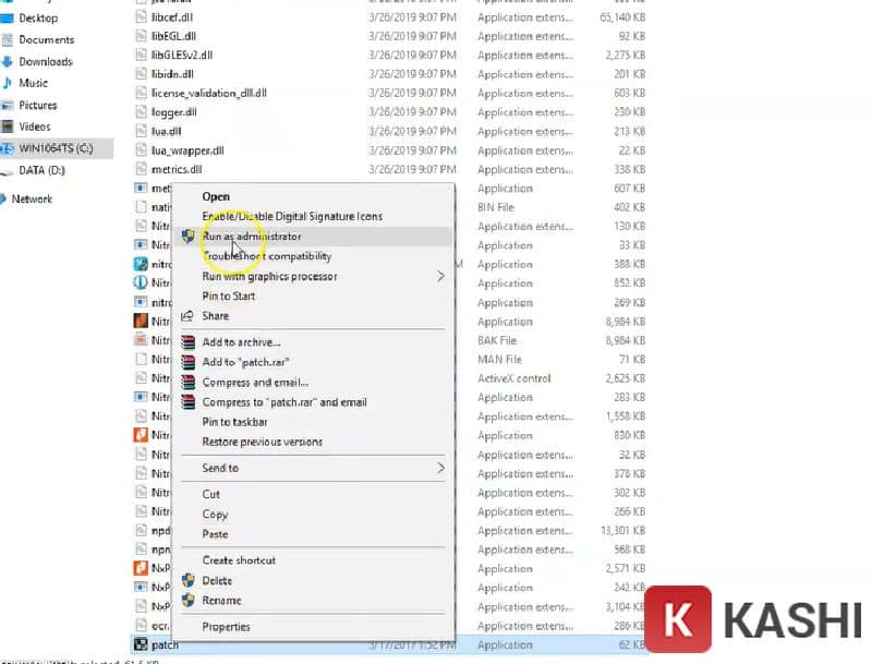 Sau khi paste xong, bạn chọn file patch đó rồi ấn Run as administrator