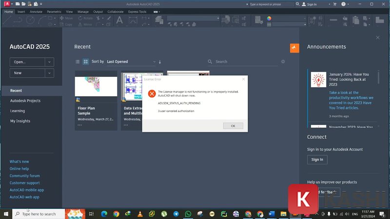 Khi đó màn hình sẽ hiện thông báo Autocad chưa đăng ký và tắt phần mềm