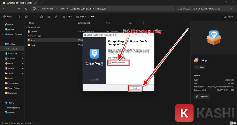 Bỏ tích Launch Guitar Pro 8 và nhấn Finish